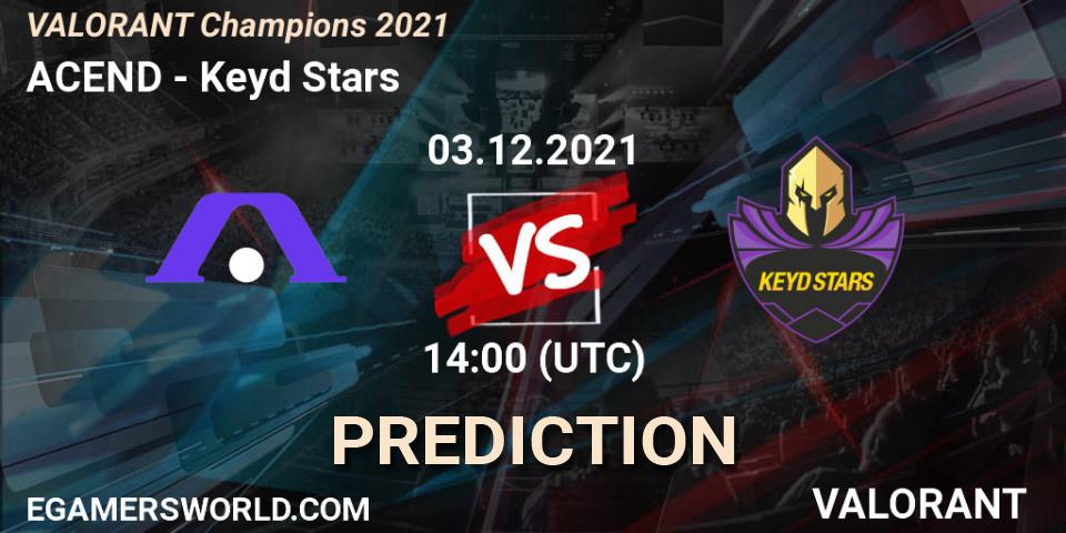 Prognose für das Spiel ACEND VS Keyd Stars. 03.12.2021 at 14:00. VALORANT - VALORANT Champions 2021
