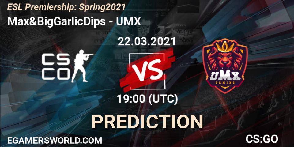 Prognose für das Spiel Max&BigGarlicDips VS UMX. 22.03.21. CS2 (CS:GO) - ESL Premiership: Spring 2021