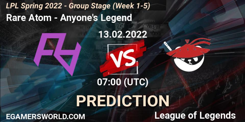 Prognose für das Spiel Rare Atom VS Anyone's Legend. 13.02.2022 at 07:00. LoL - LPL Spring 2022 - Group Stage (Week 1-5)