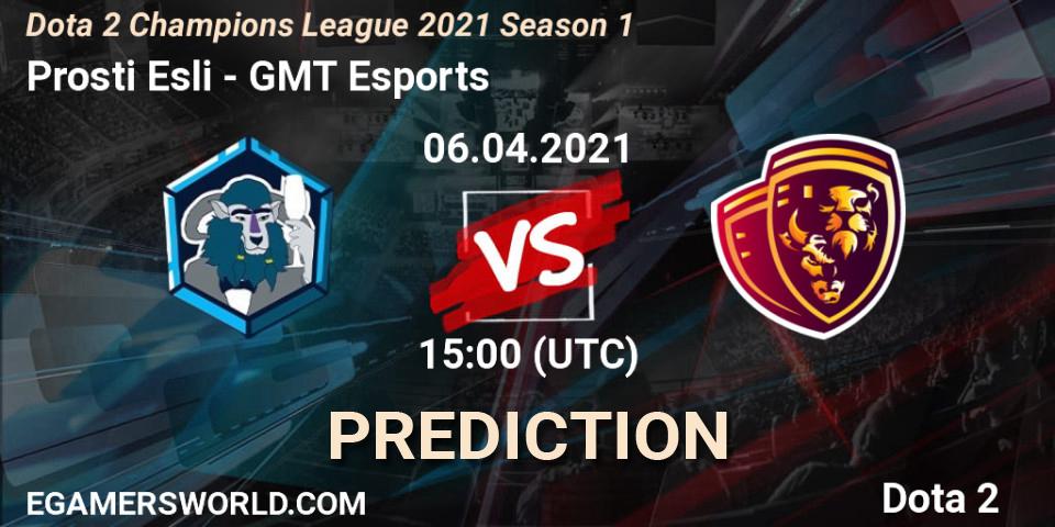 Prognose für das Spiel Prosti Esli VS GMT Esports. 06.04.2021 at 16:00. Dota 2 - Dota 2 Champions League 2021 Season 1