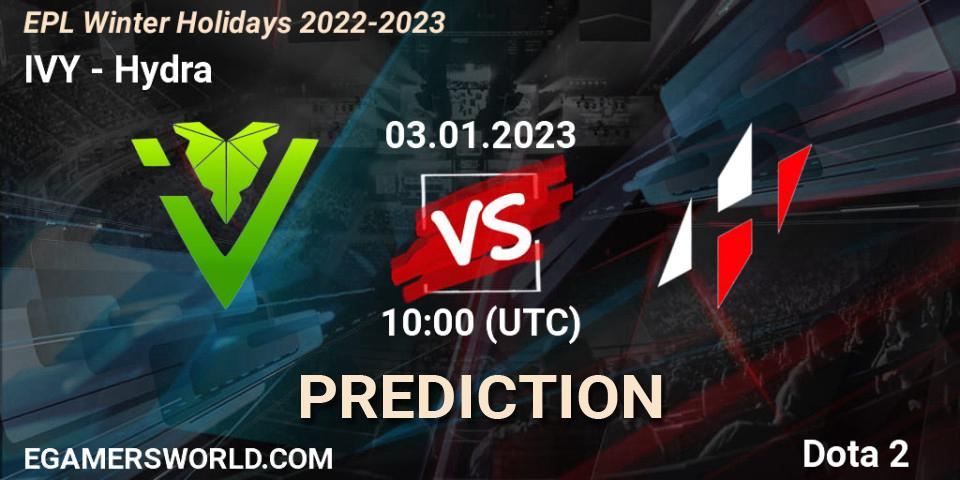 Prognose für das Spiel IVY VS Hydra. 03.01.2023 at 10:08. Dota 2 - EPL Winter Holidays 2022-2023