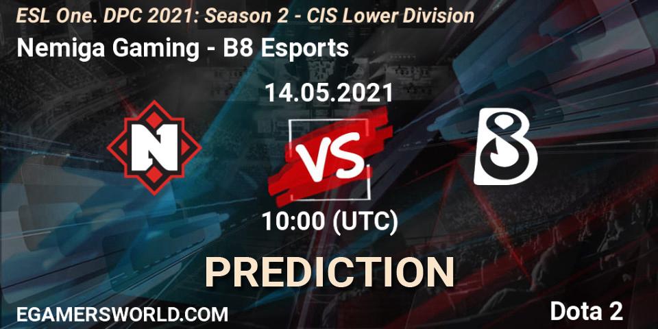 Prognose für das Spiel Nemiga Gaming VS B8 Esports. 14.05.2021 at 09:58. Dota 2 - ESL One. DPC 2021: Season 2 - CIS Lower Division