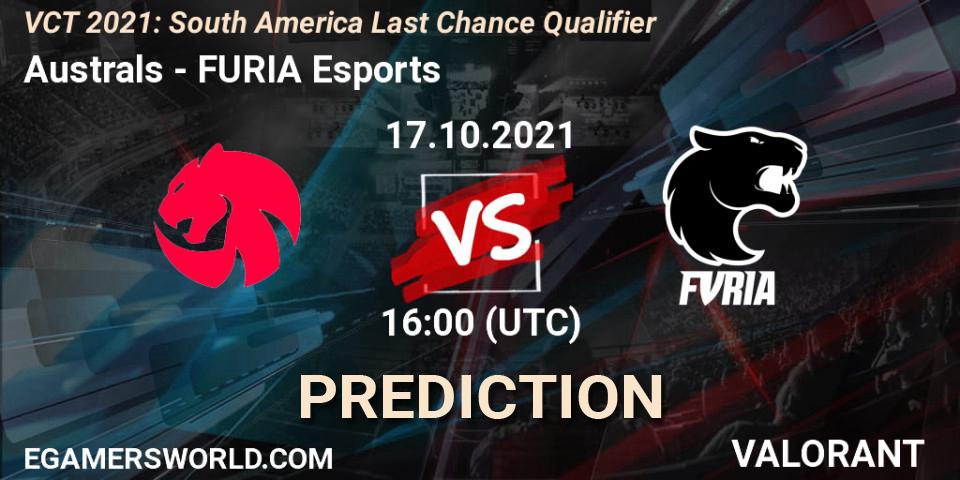 Prognose für das Spiel Australs VS FURIA Esports. 17.10.2021 at 16:00. VALORANT - VCT 2021: South America Last Chance Qualifier