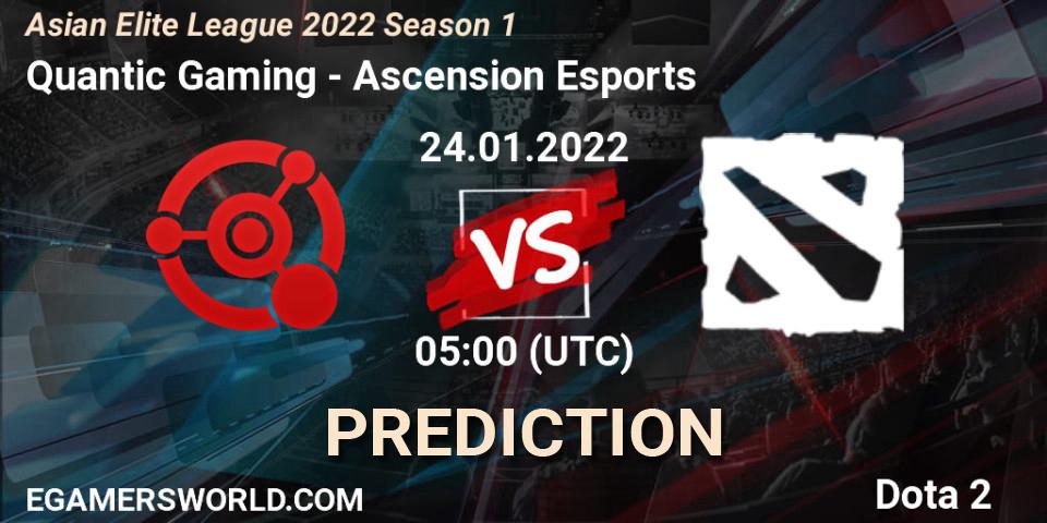 Prognose für das Spiel Quantic Gaming VS Ascension Esports. 24.01.2022 at 05:00. Dota 2 - Asian Elite League 2022 Season 1