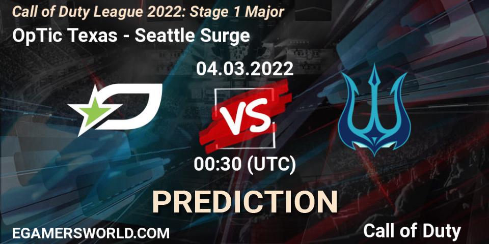 Prognose für das Spiel OpTic Texas VS Seattle Surge. 04.03.2022 at 00:30. Call of Duty - Call of Duty League 2022: Stage 1 Major