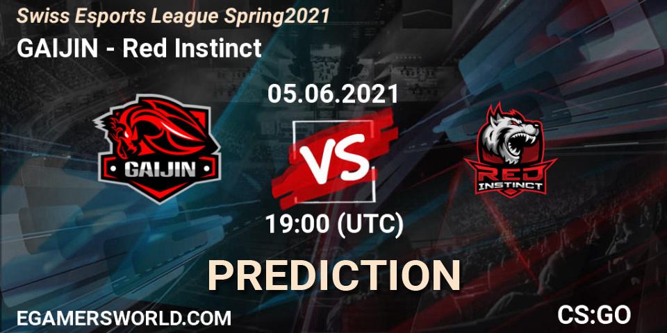 Prognose für das Spiel GAIJIN VS Red Instinct. 05.06.2021 at 18:30. Counter-Strike (CS2) - Swiss Esports League Spring 2021