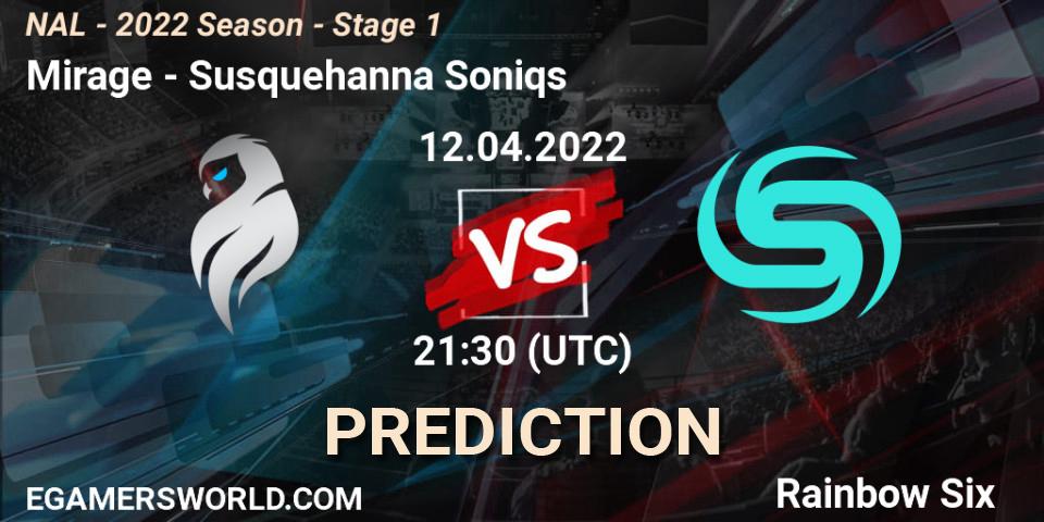 Prognose für das Spiel Mirage VS Susquehanna Soniqs. 12.04.2022 at 21:30. Rainbow Six - NAL - Season 2022 - Stage 1
