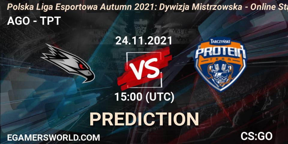 Prognose für das Spiel AGO VS TPT. 24.11.2021 at 15:00. Counter-Strike (CS2) - Polska Liga Esportowa Autumn 2021: Dywizja Mistrzowska - Online Stage
