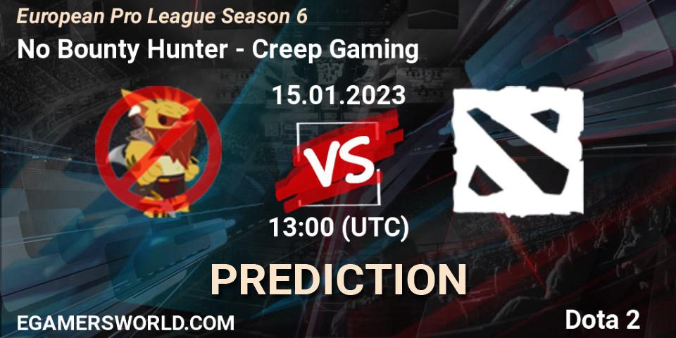 Prognose für das Spiel No Bounty Hunter VS Creep Gaming. 15.01.23. Dota 2 - European Pro League Season 6