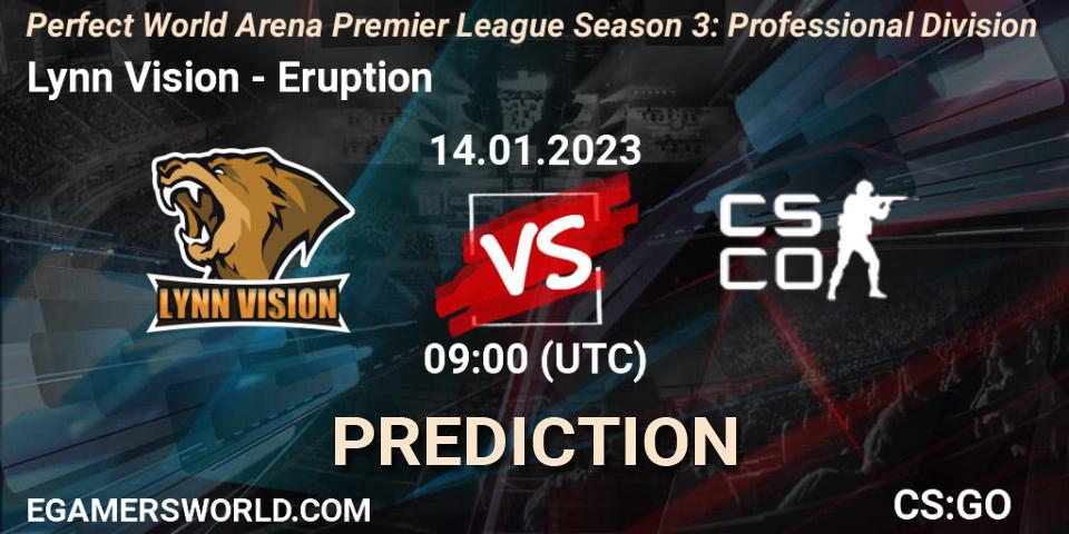 Prognose für das Spiel Lynn Vision VS Eruption. 14.01.2023 at 09:00. Counter-Strike (CS2) - Perfect World Arena Premier League Season 3: Professional Division