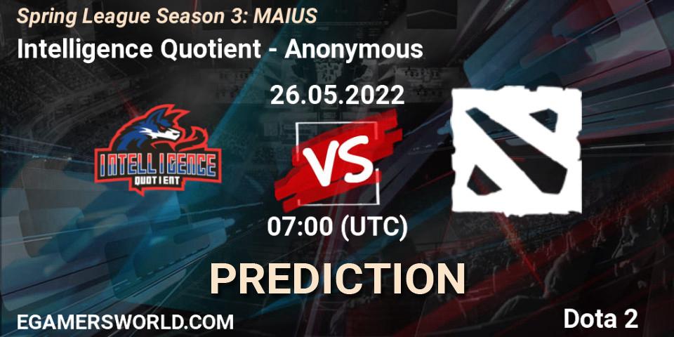 Prognose für das Spiel Intelligence Quotient VS Anonymous. 26.05.2022 at 06:58. Dota 2 - Spring League Season 3: MAIUS