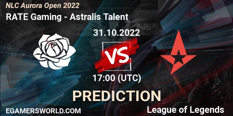 Prognose für das Spiel RATE Gaming VS Astralis Talent. 31.10.2022 at 17:00. LoL - NLC Aurora Open 2022