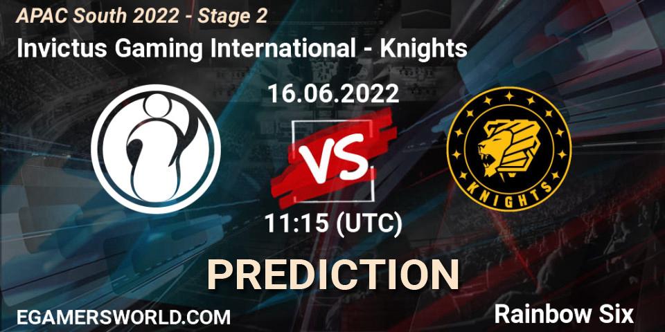 Prognose für das Spiel Invictus Gaming International VS Knights. 16.06.2022 at 11:15. Rainbow Six - APAC South 2022 - Stage 2