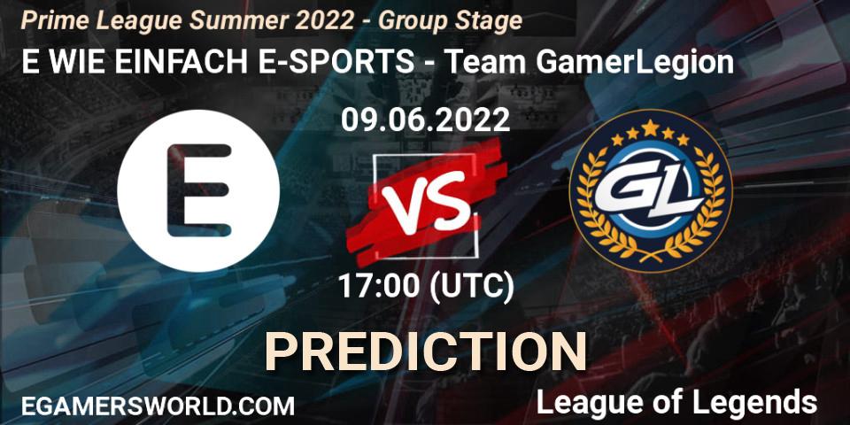 Prognose für das Spiel E WIE EINFACH E-SPORTS VS Team GamerLegion. 09.06.2022 at 19:00. LoL - Prime League Summer 2022 - Group Stage