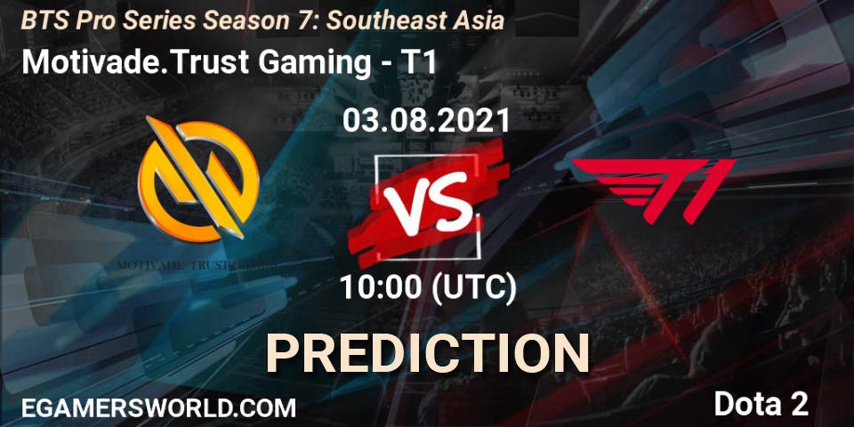 Prognose für das Spiel Motivade.Trust Gaming VS T1. 03.08.2021 at 10:31. Dota 2 - BTS Pro Series Season 7: Southeast Asia
