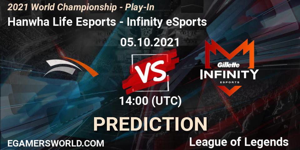 Prognose für das Spiel Hanwha Life Esports VS Infinity eSports. 05.10.2021 at 14:10. LoL - 2021 World Championship - Play-In