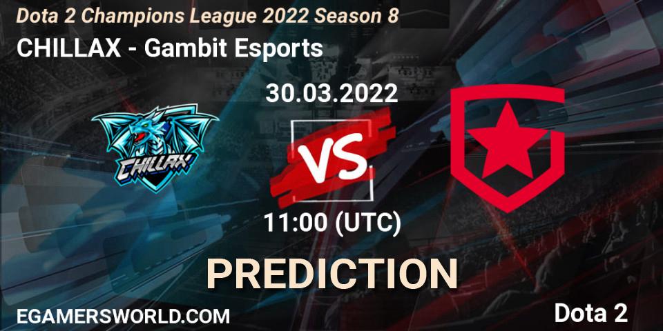 Prognose für das Spiel CHILLAX VS Gambit Esports. 30.03.2022 at 11:00. Dota 2 - Dota 2 Champions League 2022 Season 8