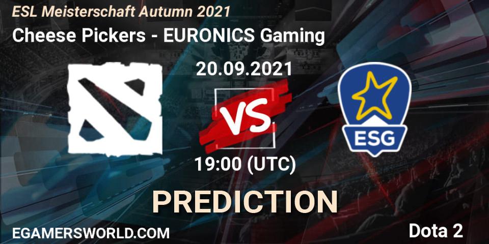 Prognose für das Spiel Cheese Pickers VS EURONICS Gaming. 20.09.2021 at 18:30. Dota 2 - ESL Meisterschaft Autumn 2021