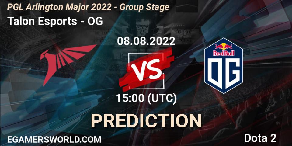 Prognose für das Spiel Talon Esports VS OG. 08.08.2022 at 14:59. Dota 2 - PGL Arlington Major 2022 - Group Stage