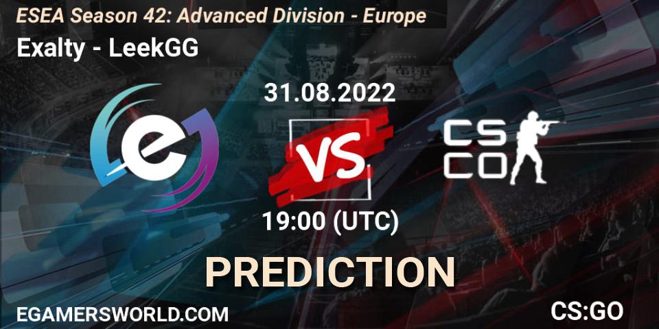 Prognose für das Spiel Exalty VS LeekGG. 13.09.2022 at 19:00. Counter-Strike (CS2) - ESEA Season 42: Advanced Division - Europe