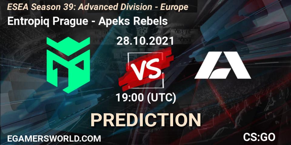 Prognose für das Spiel Entropiq Prague VS Apeks Rebels. 28.10.2021 at 19:00. Counter-Strike (CS2) - ESEA Season 39: Advanced Division - Europe