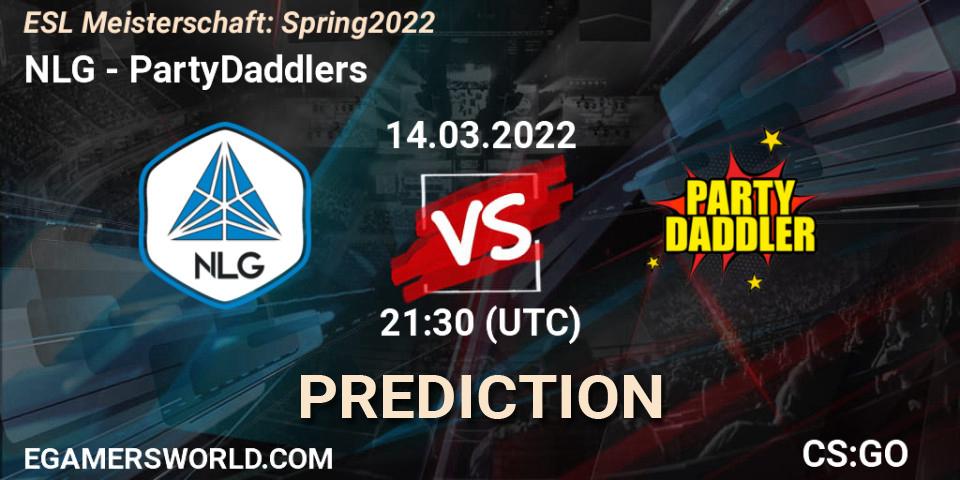 Prognose für das Spiel NLG VS PartyDaddlers. 14.03.2022 at 21:30. Counter-Strike (CS2) - ESL Meisterschaft: Spring 2022