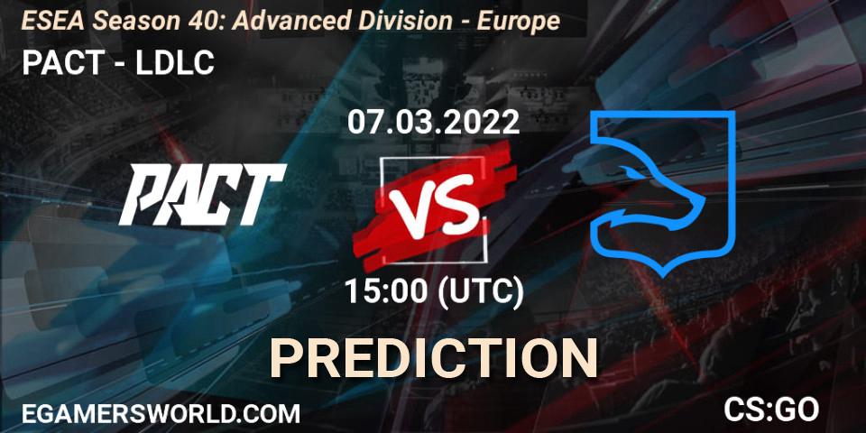 Prognose für das Spiel PACT VS LDLC. 07.03.2022 at 15:00. Counter-Strike (CS2) - ESEA Season 40: Advanced Division - Europe