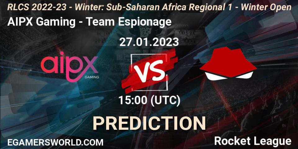 Prognose für das Spiel AIPX Gaming VS Team Espionage. 27.01.2023 at 15:00. Rocket League - RLCS 2022-23 - Winter: Sub-Saharan Africa Regional 1 - Winter Open