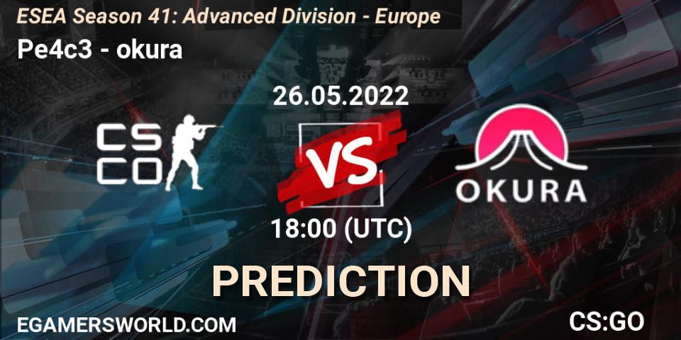 Prognose für das Spiel Pe4c3 VS okura. 26.05.2022 at 18:00. Counter-Strike (CS2) - ESEA Season 41: Advanced Division - Europe