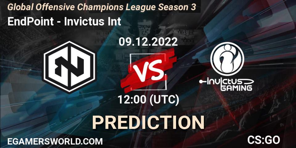 Prognose für das Spiel EndPoint VS Invictus Int. 09.12.2022 at 12:00. Counter-Strike (CS2) - Global Offensive Champions League Season 3