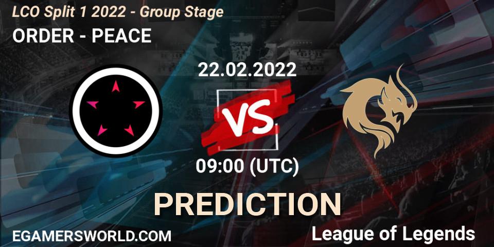 Prognose für das Spiel ORDER VS PEACE. 22.02.2022 at 09:00. LoL - LCO Split 1 2022 - Group Stage 