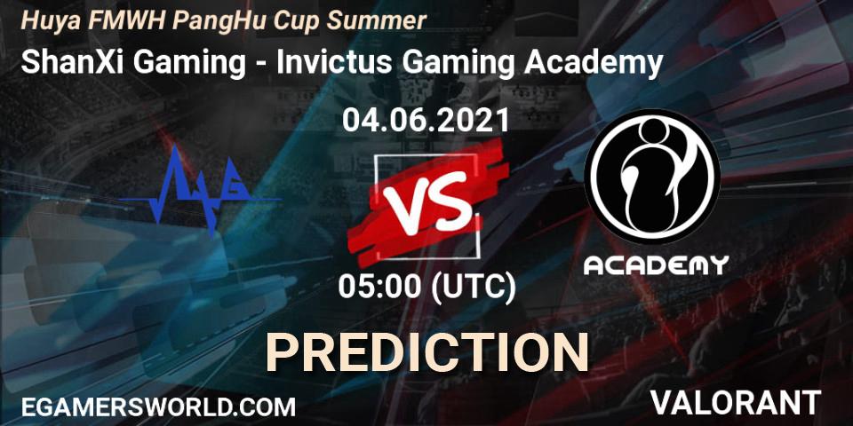 Prognose für das Spiel ShanXi Gaming VS Invictus Gaming Academy. 04.06.2021 at 05:00. VALORANT - Huya FMWH PangHu Cup Summer
