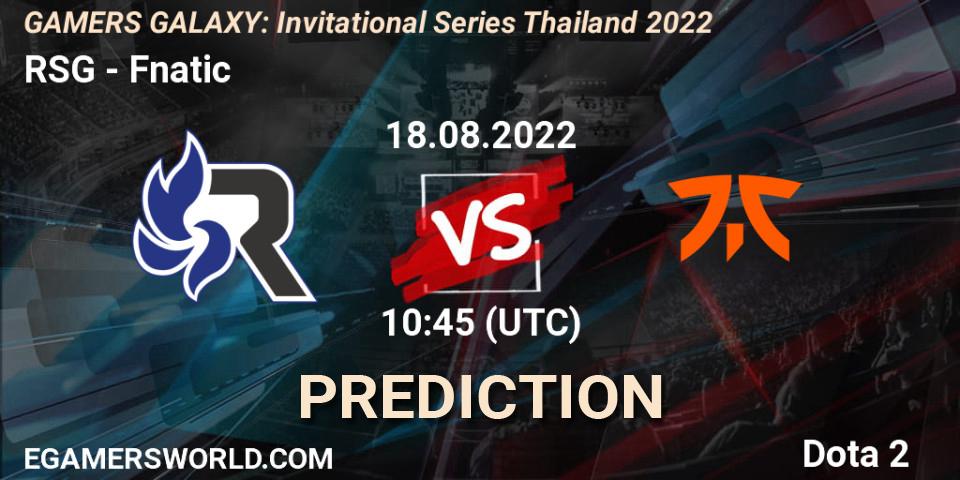 Prognose für das Spiel RSG VS Fnatic. 18.08.2022 at 10:05. Dota 2 - GAMERS GALAXY: Invitational Series Thailand 2022