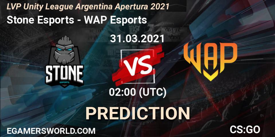 Prognose für das Spiel Stone Esports VS WAP Esports. 31.03.2021 at 02:00. Counter-Strike (CS2) - LVP Unity League Argentina Apertura 2021