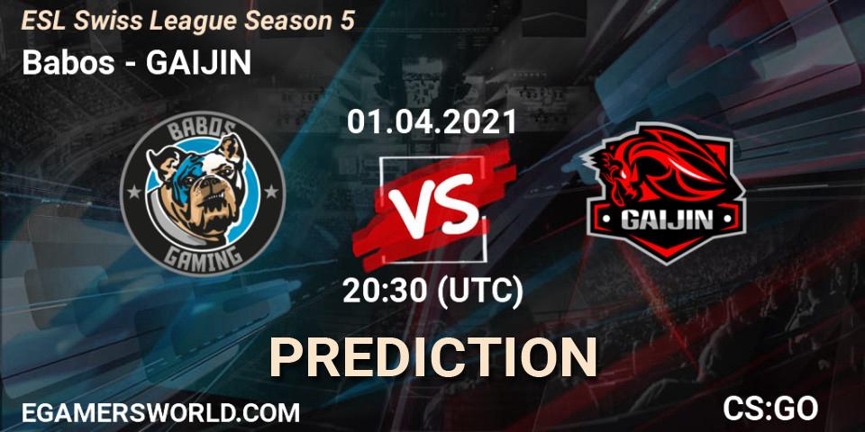 Prognose für das Spiel Babos VS GAIJIN. 01.04.2021 at 20:30. Counter-Strike (CS2) - ESL Swiss League Season 5