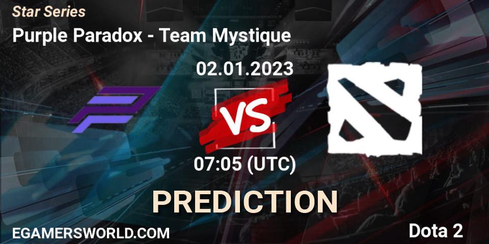 Prognose für das Spiel Purple Paradox VS Team Mystique. 02.01.2023 at 07:05. Dota 2 - Star Series