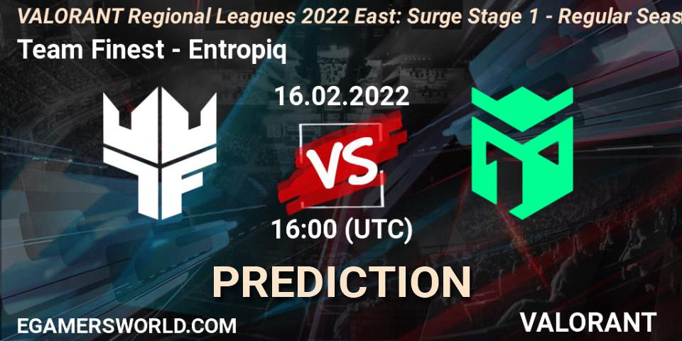 Prognose für das Spiel Team Finest VS Entropiq. 16.02.2022 at 16:00. VALORANT - VALORANT Regional Leagues 2022 East: Surge Stage 1 - Regular Season