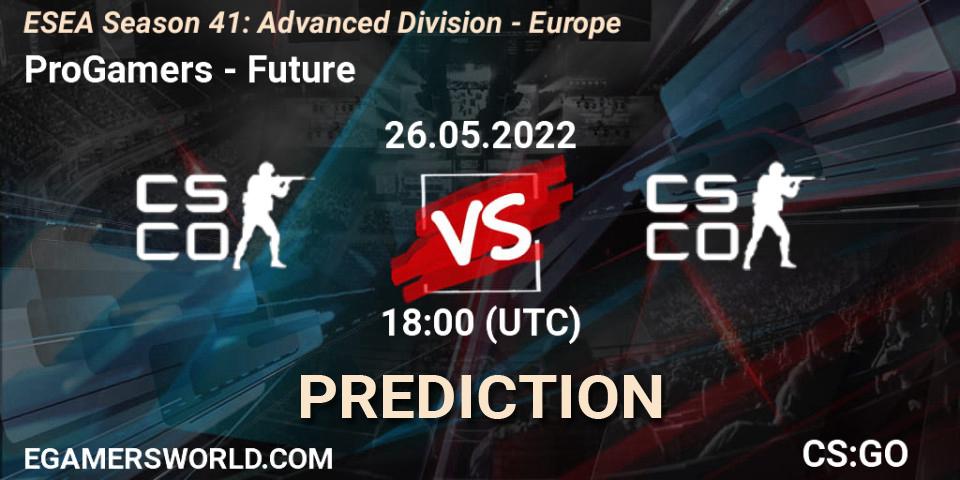 Prognose für das Spiel ProGamers VS Future. 26.05.2022 at 18:00. Counter-Strike (CS2) - ESEA Season 41: Advanced Division - Europe