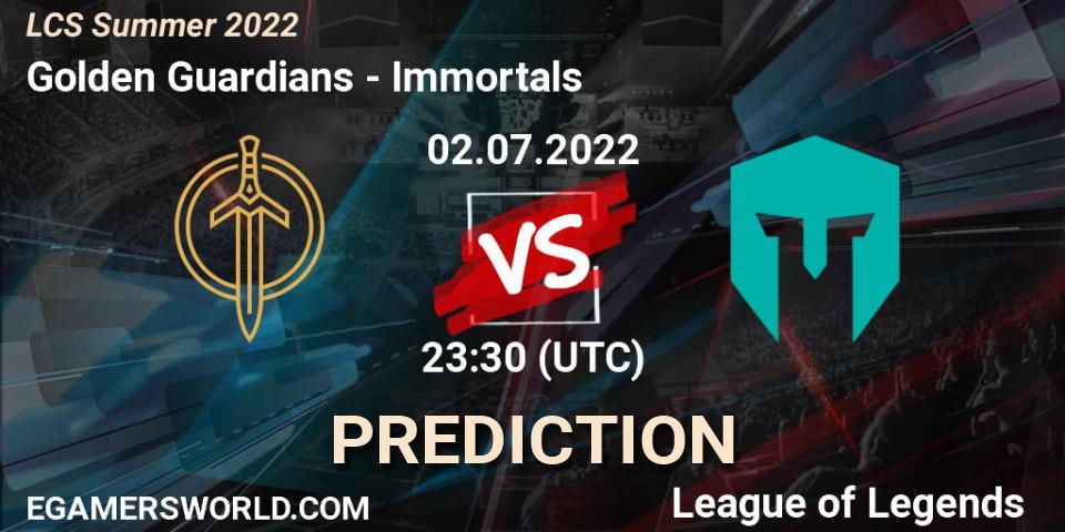 Prognose für das Spiel Golden Guardians VS Immortals. 02.07.2022 at 23:30. LoL - LCS Summer 2022