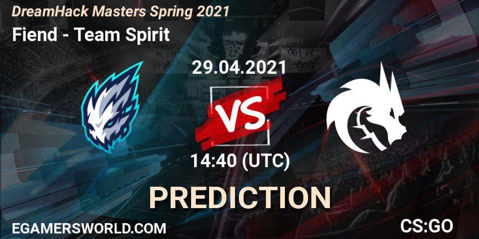 Prognose für das Spiel Fiend VS Team Spirit. 29.04.2021 at 15:30. Counter-Strike (CS2) - DreamHack Masters Spring 2021