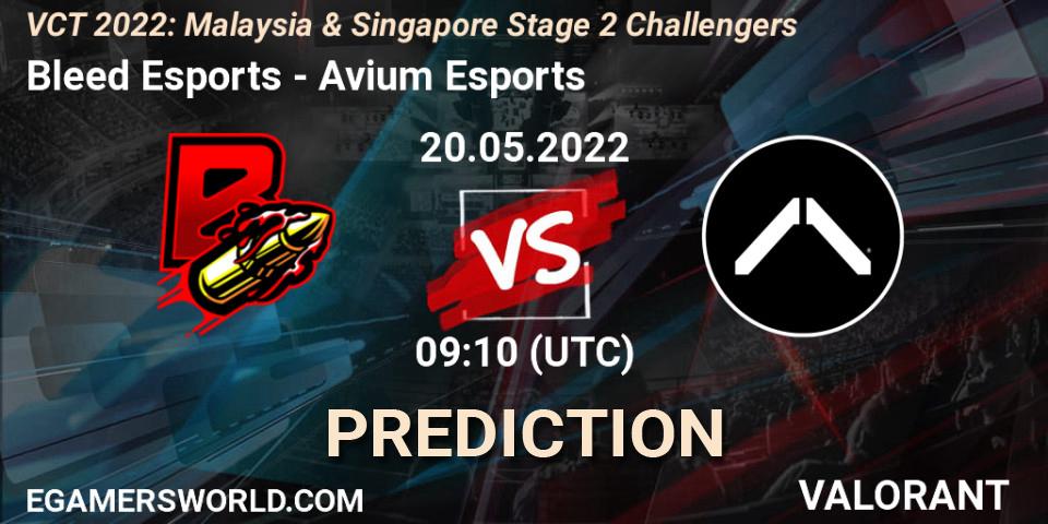 Prognose für das Spiel Bleed Esports VS Avium Esports. 20.05.2022 at 08:10. VALORANT - VCT 2022: Malaysia & Singapore Stage 2 Challengers