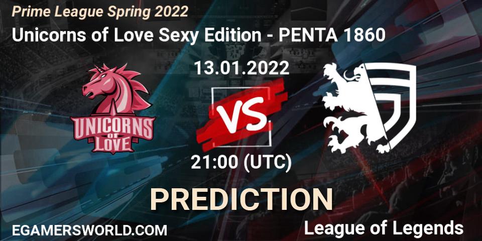 Prognose für das Spiel Unicorns of Love Sexy Edition VS PENTA 1860. 13.01.2022 at 21:20. LoL - Prime League Spring 2022