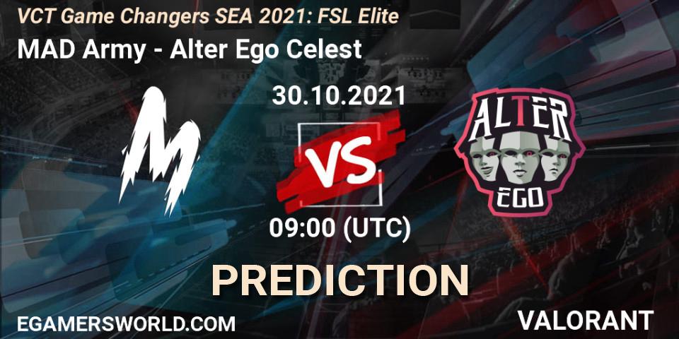 Prognose für das Spiel MAD Army VS Alter Ego Celestè. 30.10.2021 at 08:00. VALORANT - VCT Game Changers SEA 2021: FSL Elite