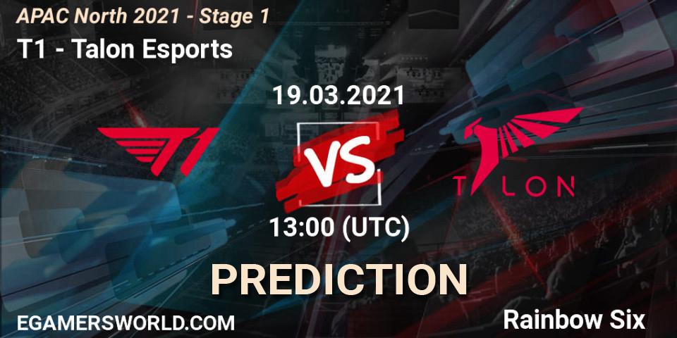 Prognose für das Spiel T1 VS Talon Esports. 19.03.2021 at 15:00. Rainbow Six - APAC North 2021 - Stage 1
