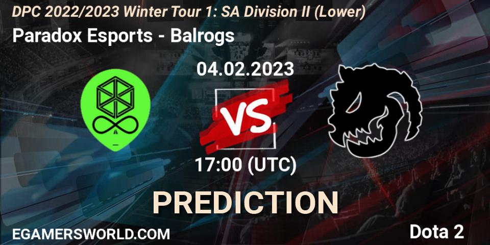 Prognose für das Spiel Paradox Esports VS Balrogs. 04.02.23. Dota 2 - DPC 2022/2023 Winter Tour 1: SA Division II (Lower)