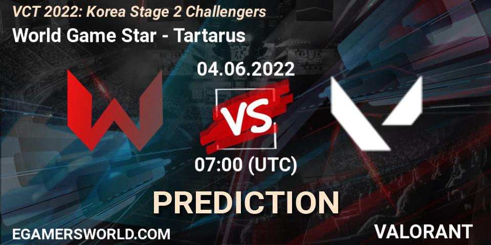 Prognose für das Spiel World Game Star VS Tartarus. 04.06.2022 at 07:00. VALORANT - VCT 2022: Korea Stage 2 Challengers