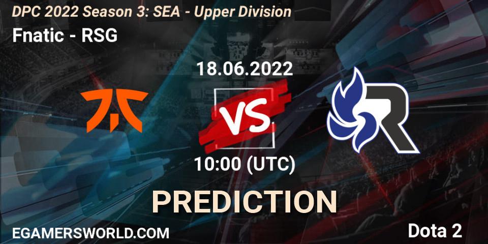 Prognose für das Spiel Fnatic VS RSG. 18.06.2022 at 11:59. Dota 2 - DPC SEA 2021/2022 Tour 3: Division I