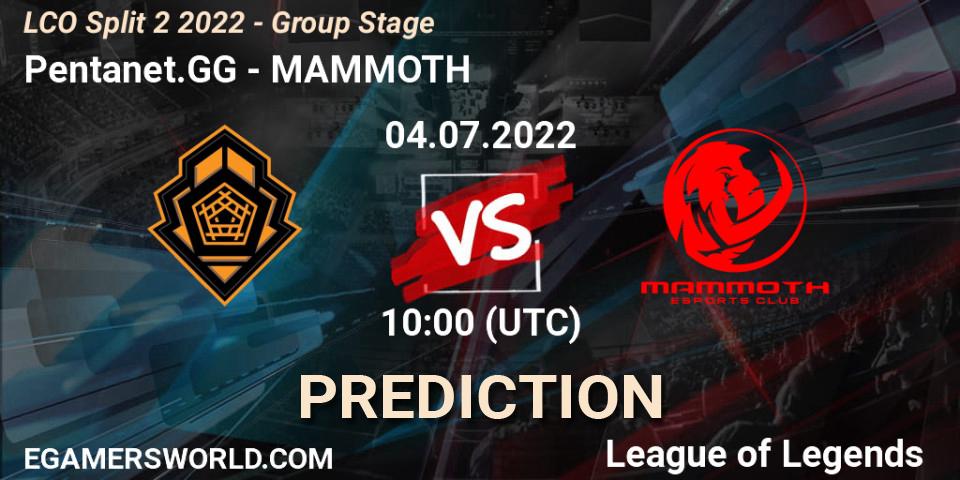 Prognose für das Spiel Pentanet.GG VS MAMMOTH. 04.07.2022 at 10:00. LoL - LCO Split 2 2022 - Group Stage