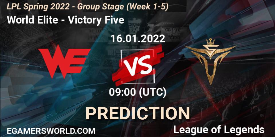 Prognose für das Spiel World Elite VS Victory Five. 16.01.2022 at 09:00. LoL - LPL Spring 2022 - Group Stage (Week 1-5)