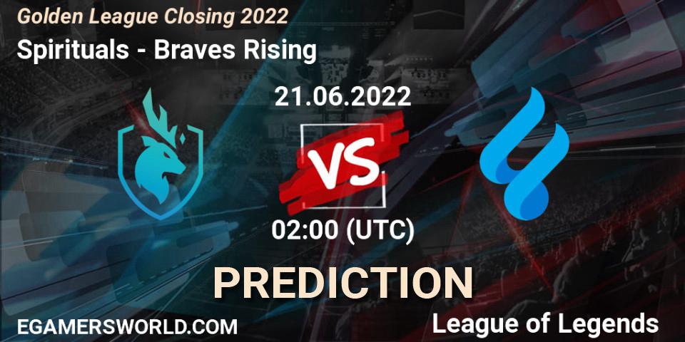 Prognose für das Spiel Spirituals VS Braves Rising. 21.06.2022 at 02:00. LoL - Golden League Closing 2022